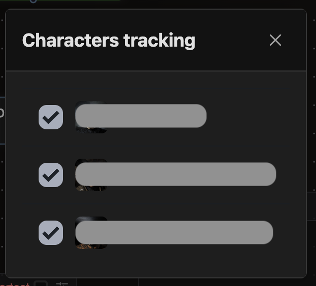 Characters Tracking Modal